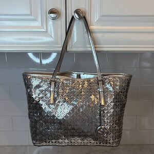 Michael Kors Purse Handbag Leather Jet Set Flower Perforated Metallic Tote Bag